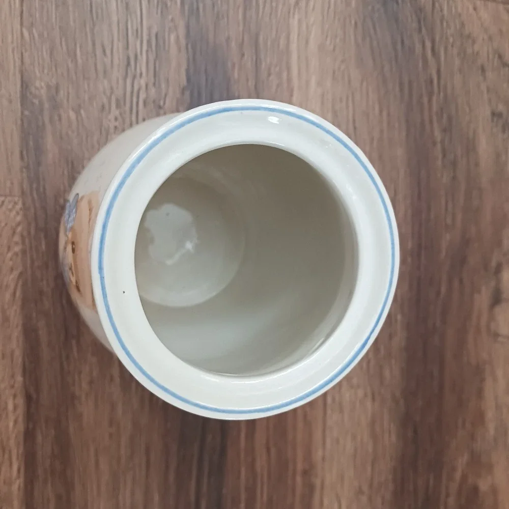 Tienshan Stoneware Teddy Bear Canister Jar with Lid Blue Bow Vintage Ceramic
